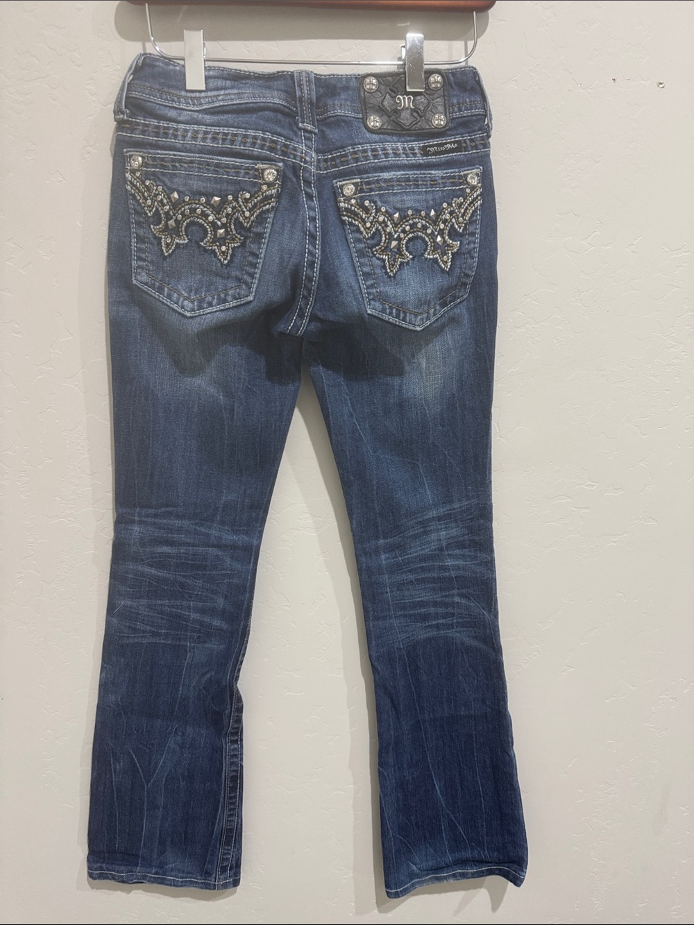 Miss Me Blue Low Rise Bootcut Jeans with Embellished Pockets